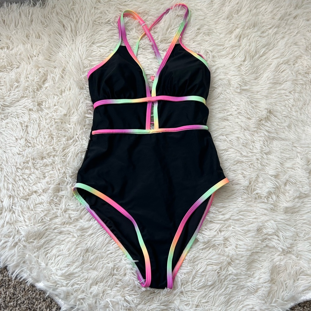 Popvil Black One-Piece Swimsuit with Colorful Trim